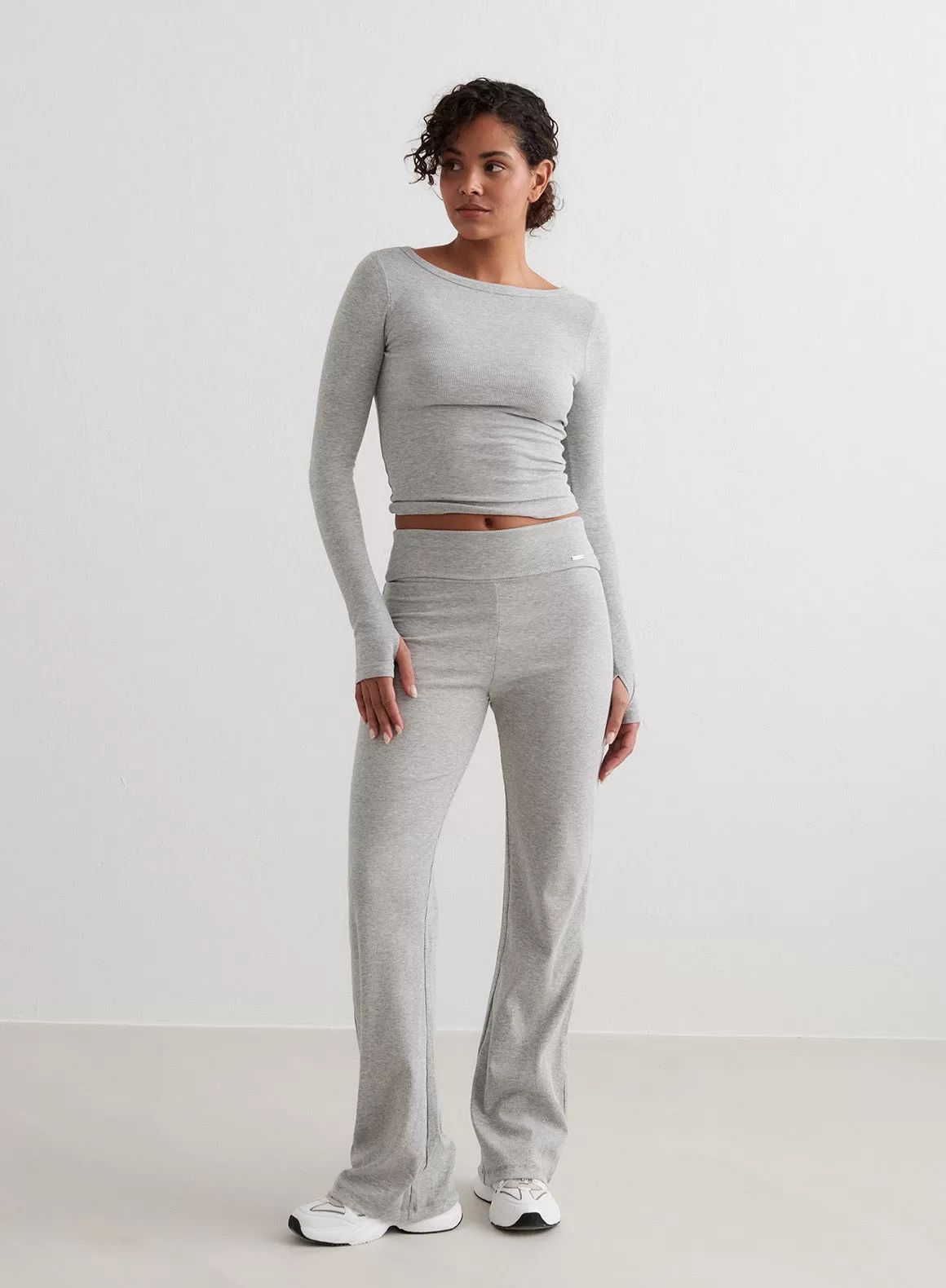 Grey Melange Ease Ribbed Long Sleeve Top