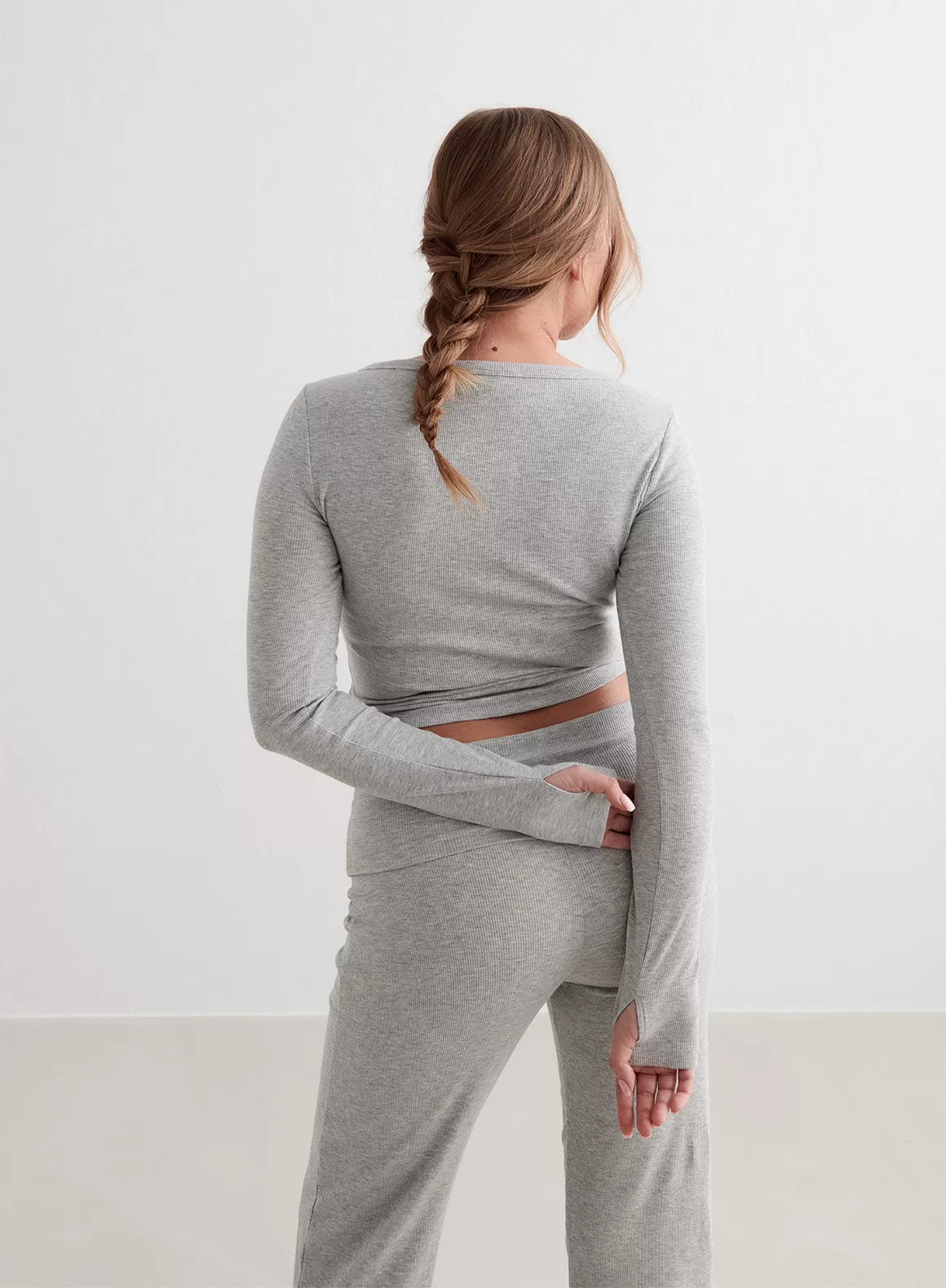 Grey Melange Ease Ribbed Long Sleeve Top