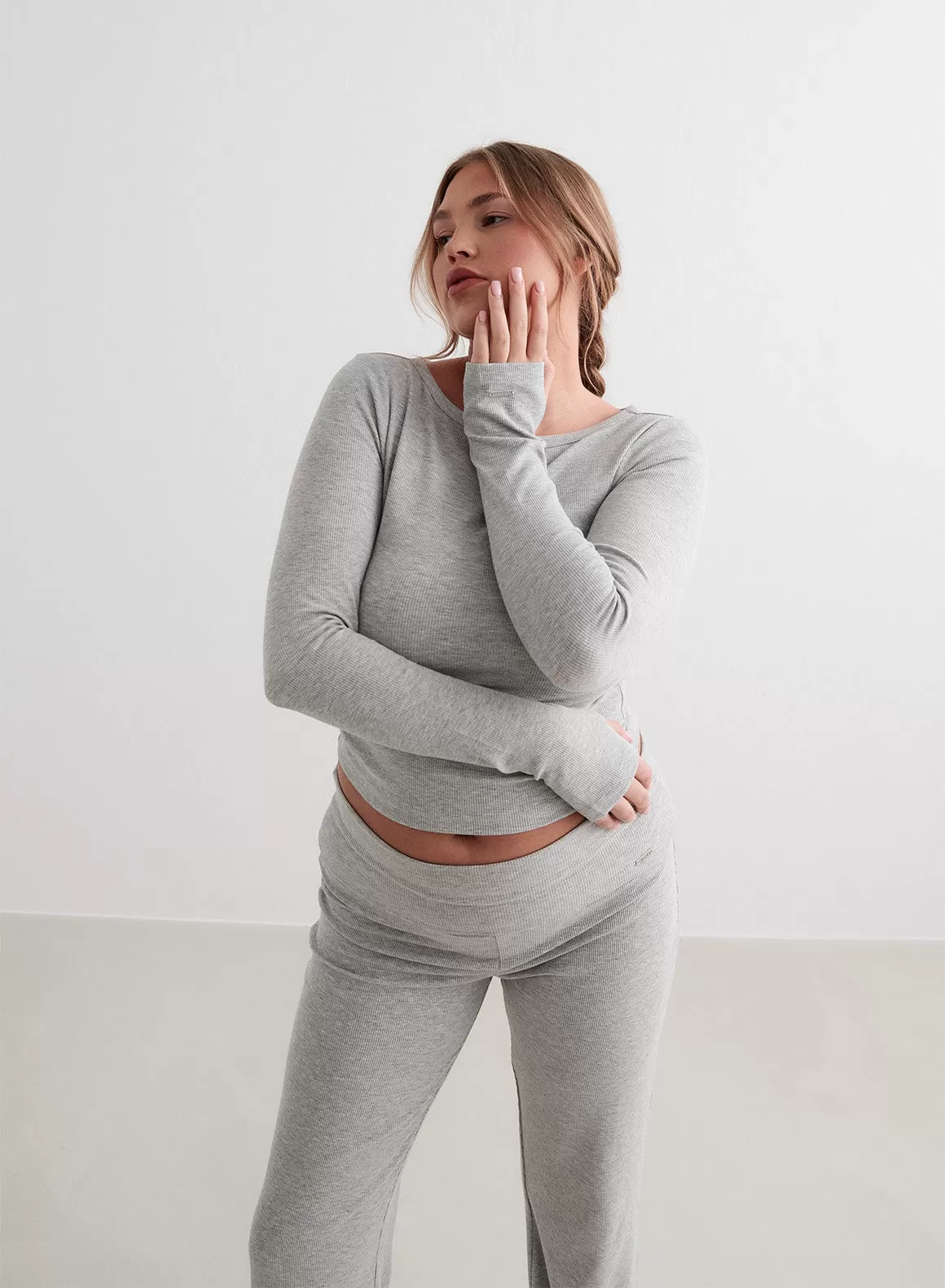 Grey Melange Ease Ribbed Long Sleeve Top