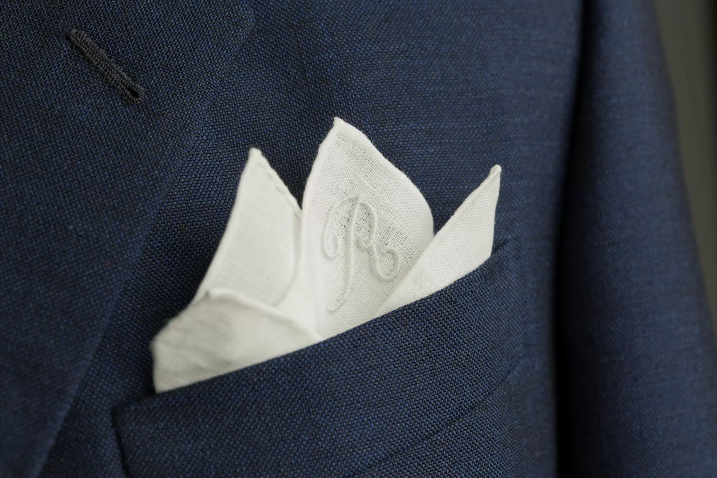 Hand-Embroidered Initial I White Linen Pocket Square