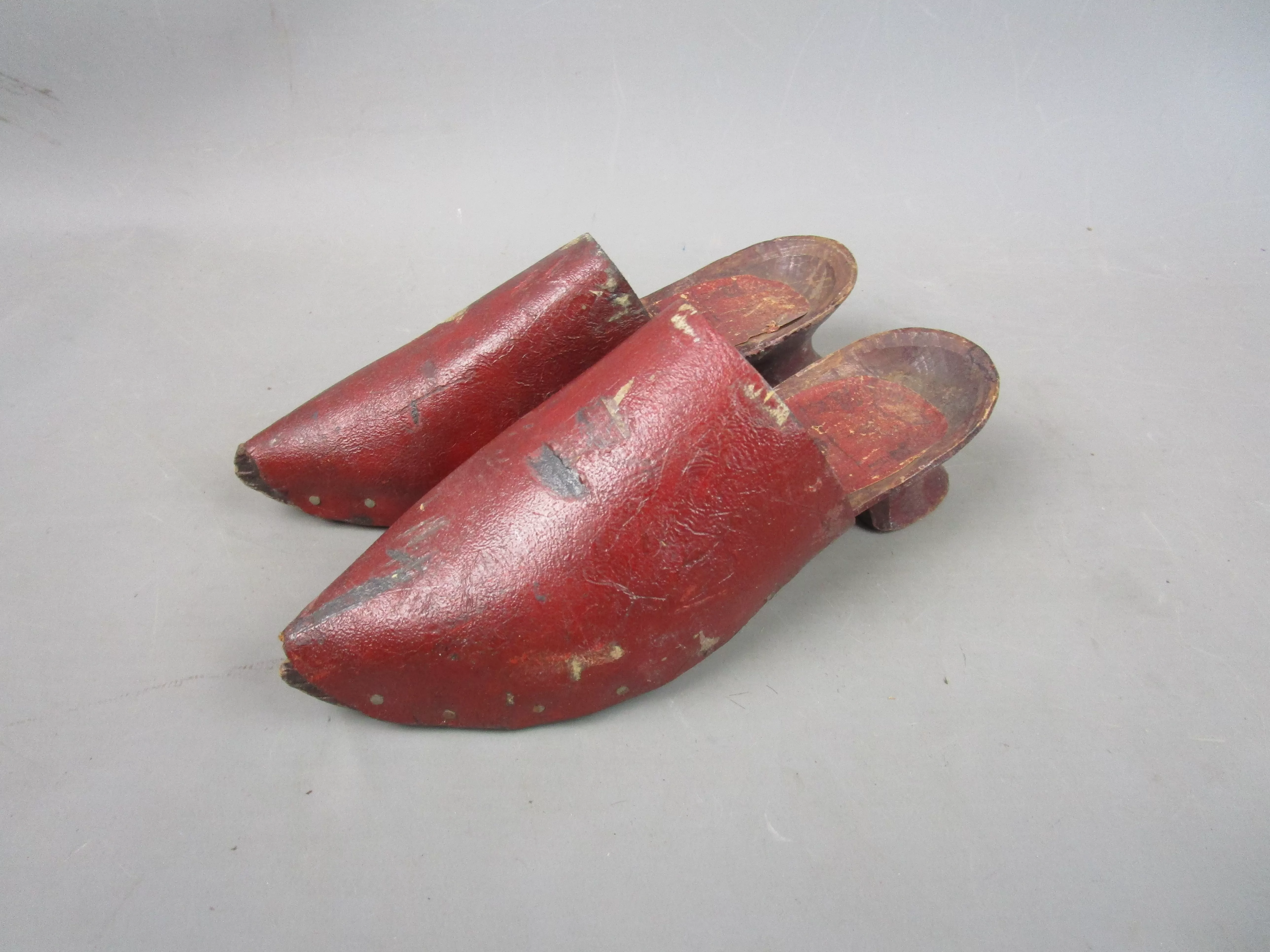 Hand Made Red Leather & Wooden Ladies Clogs Antique c1900