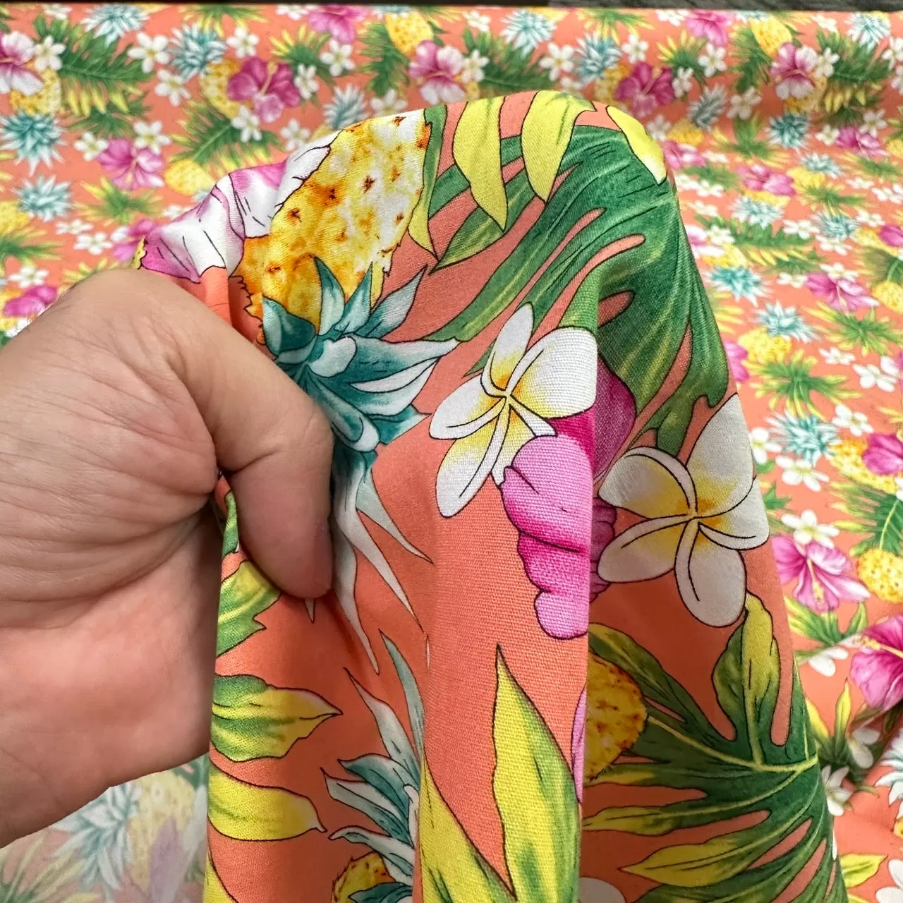 Hawaiian fabric with Pineapple, hibiscus and plumeria