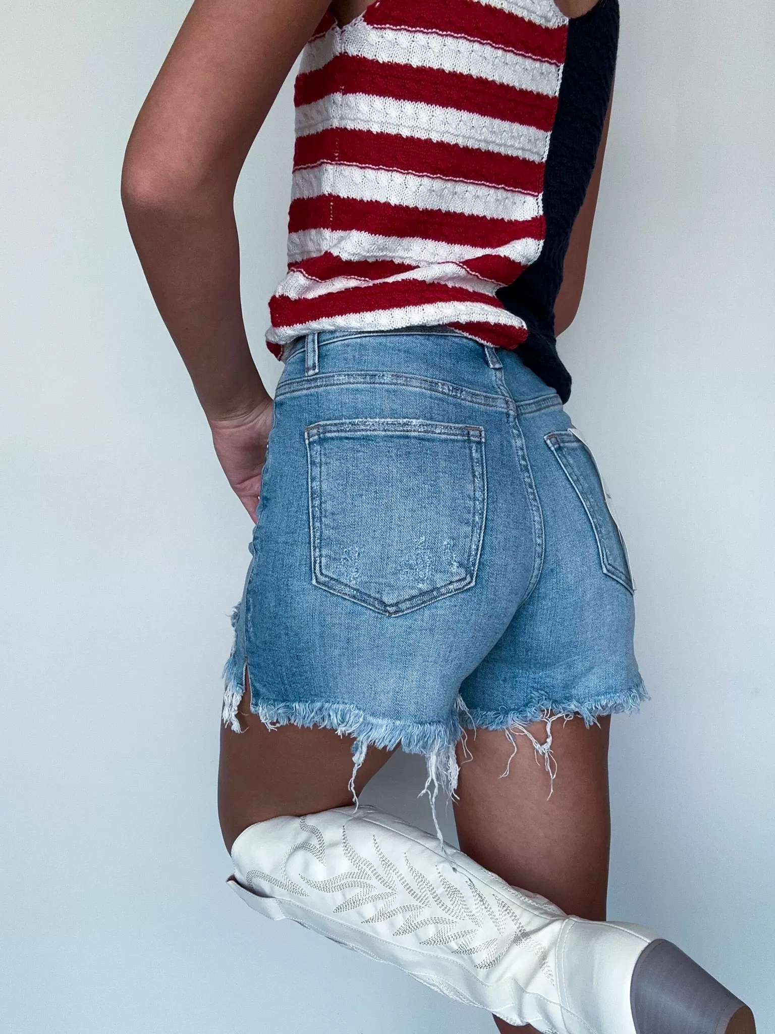 High Rise Button Fly Denim Shorts- Light Wash