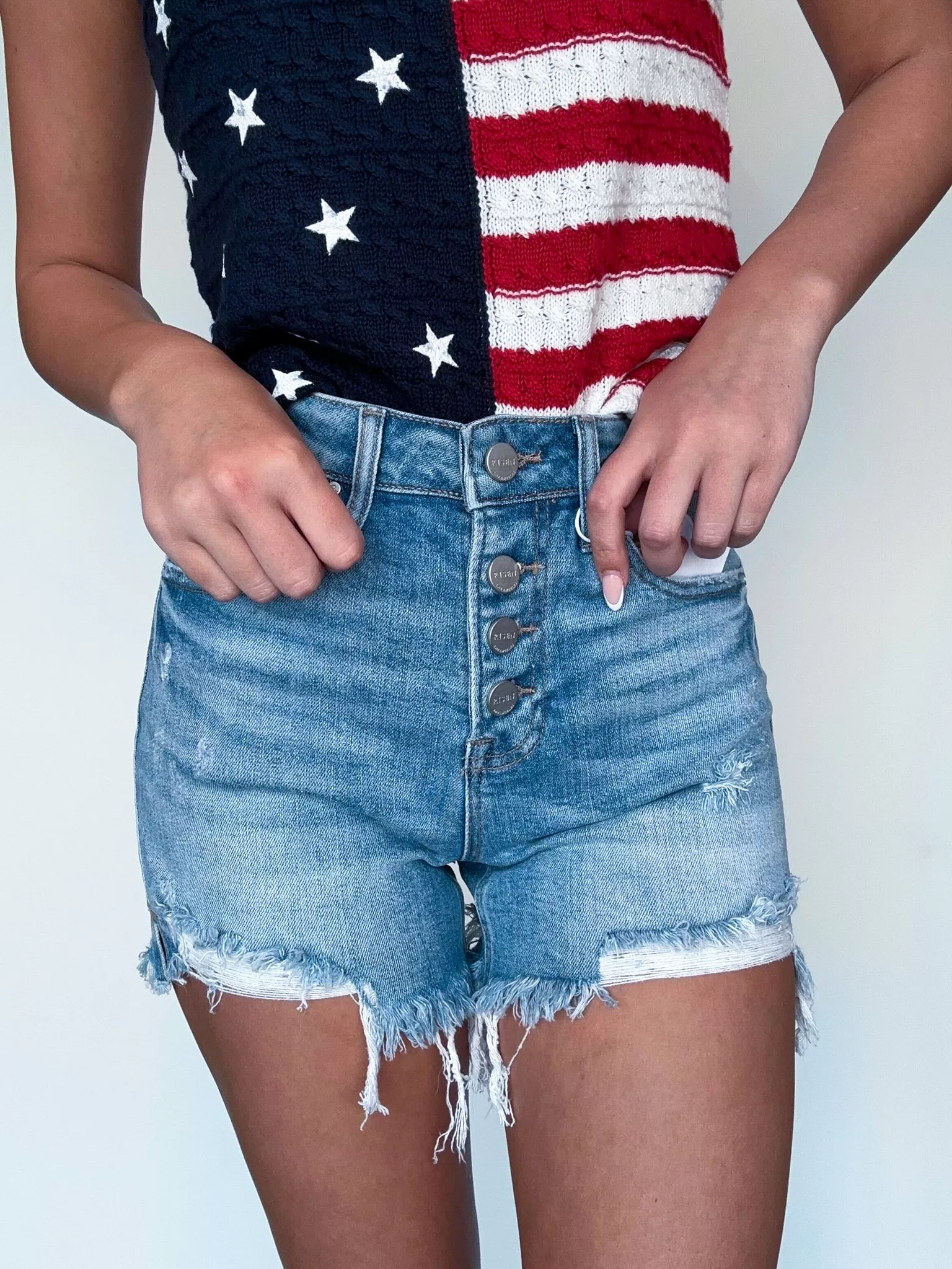 High Rise Button Fly Denim Shorts- Light Wash