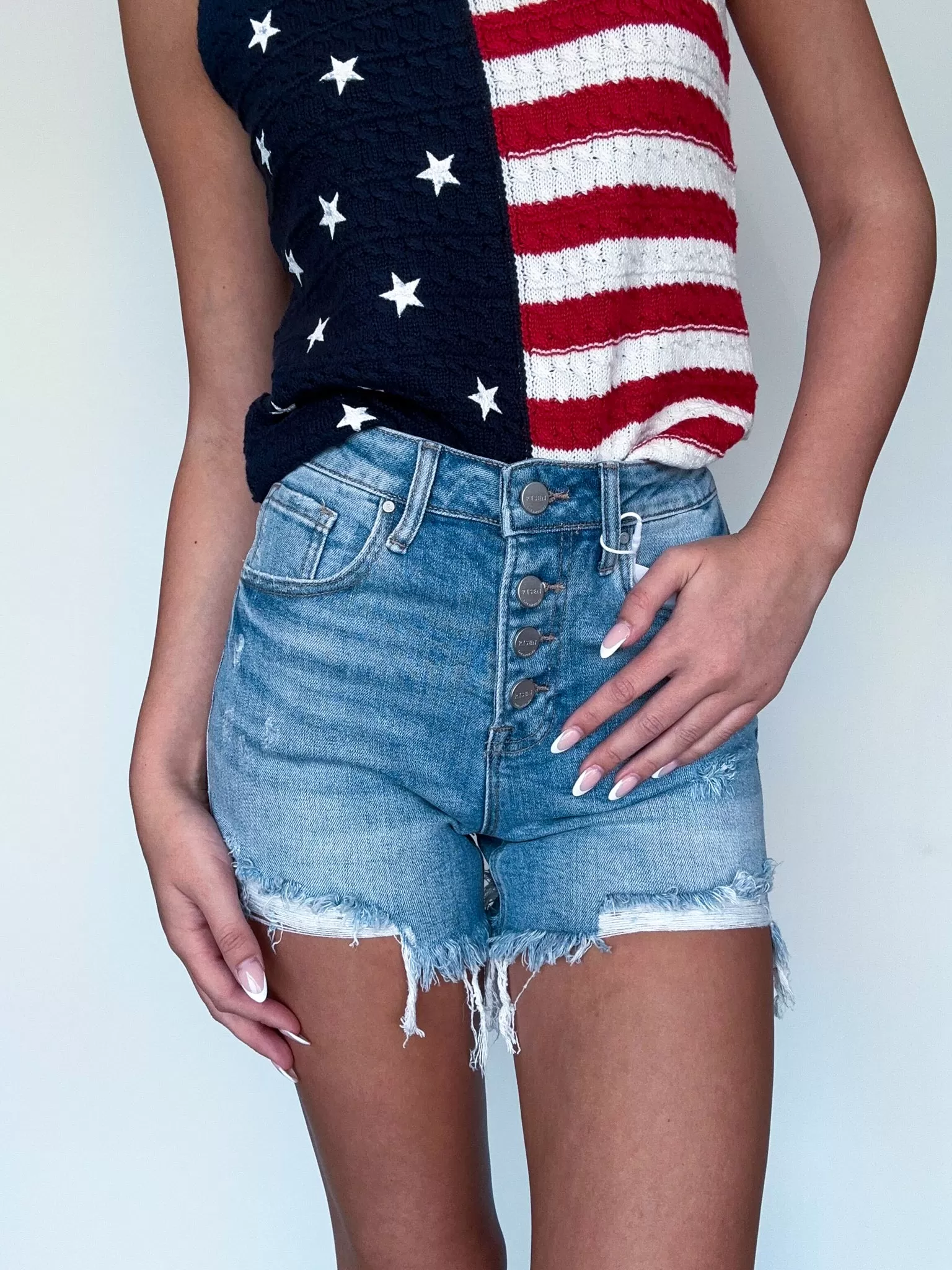 High Rise Button Fly Denim Shorts- Light Wash