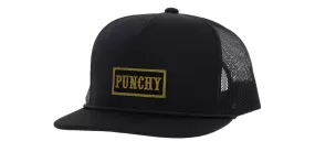 HOOEY PUNCHY LOCKUP BLACK TRUCKER HAT WITH MUSTARD/BLACK PATCH