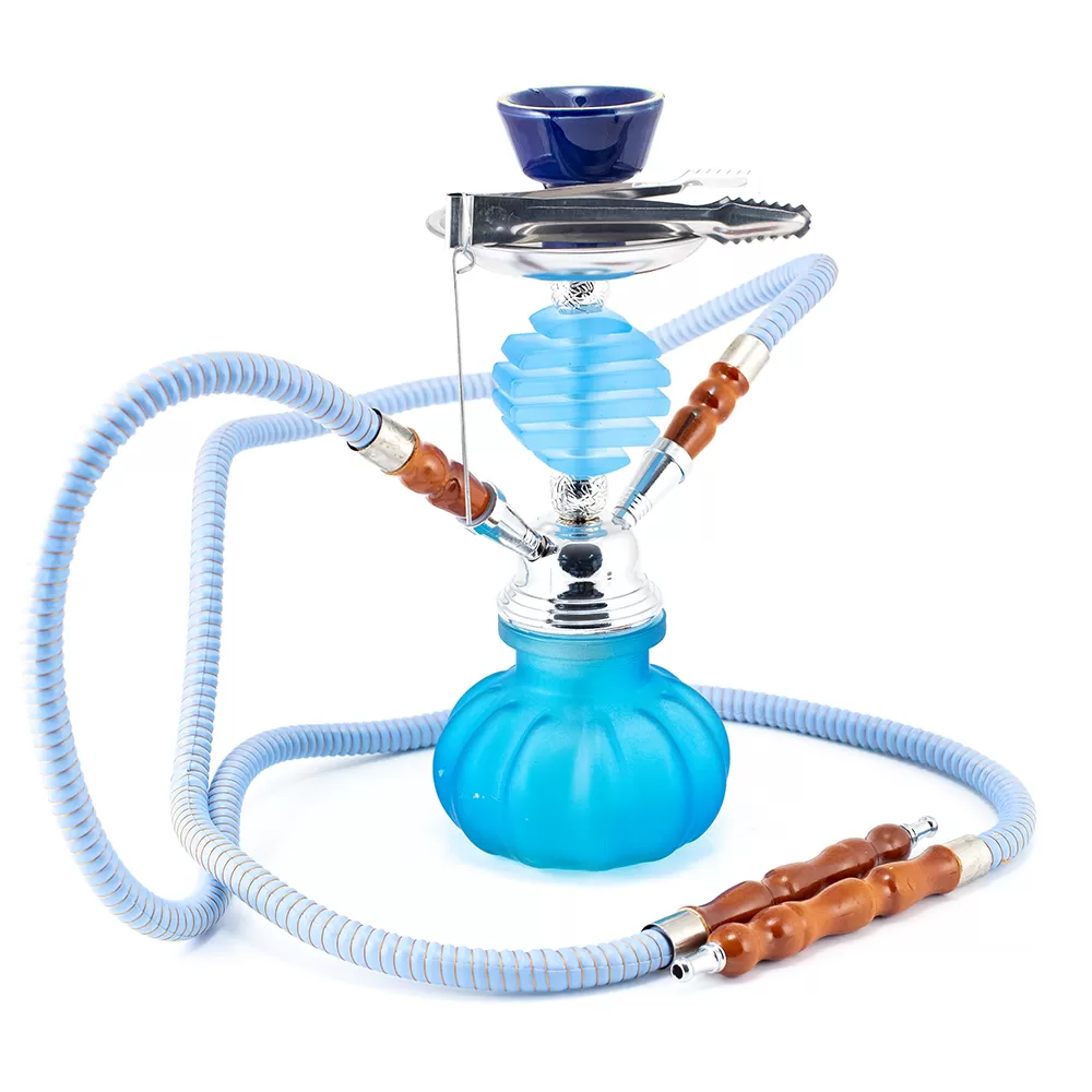 HOOKAH - 27cm 2 HOSE LIGHT BLUE GLASS CHROME METAL BLUE CONE