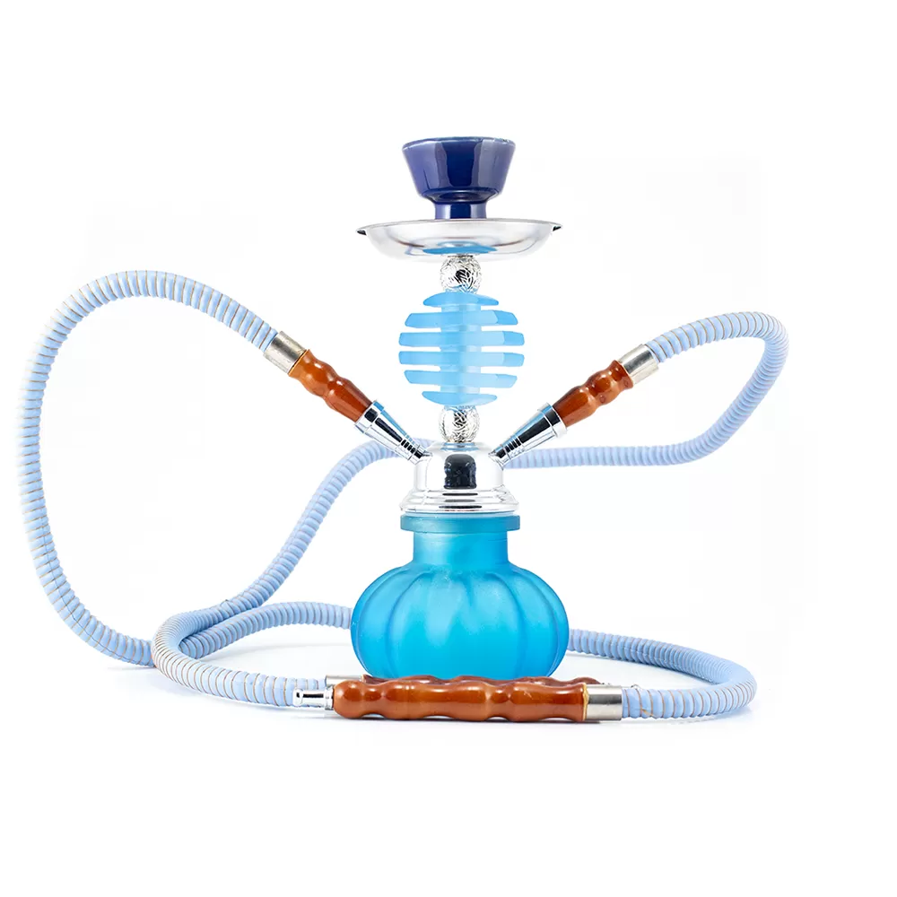 HOOKAH - 27cm 2 HOSE LIGHT BLUE GLASS CHROME METAL BLUE CONE