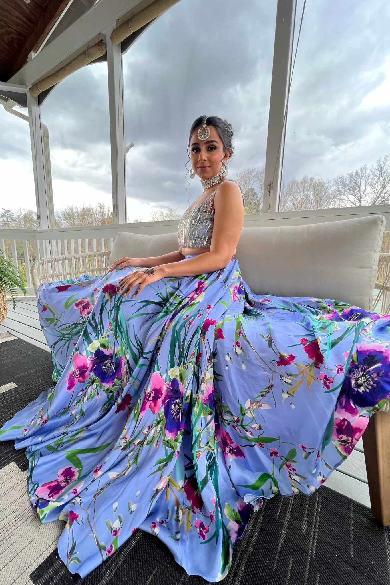 JANISHA Periwinkle Floral Satin Lehenga Skirt