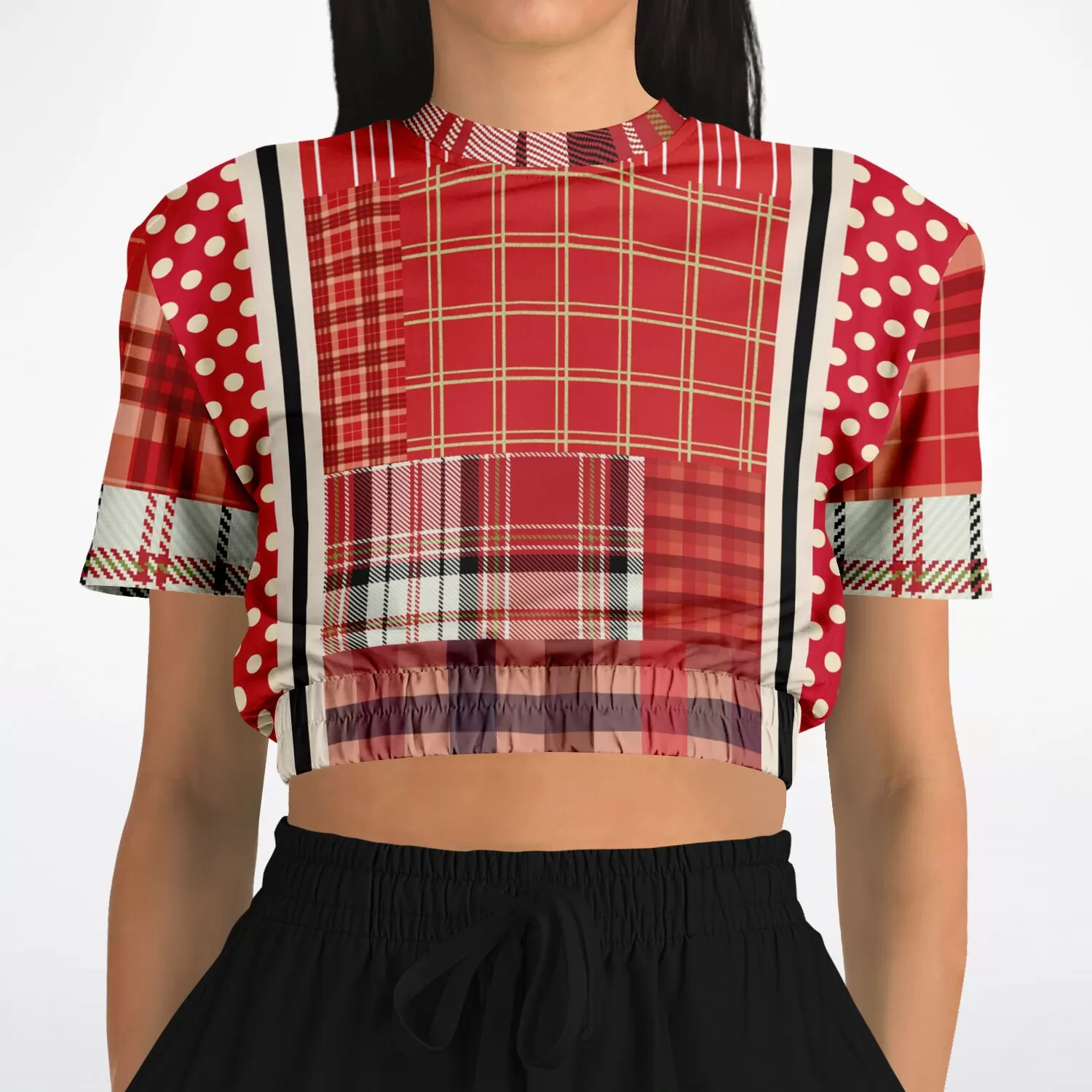 Jersey Salsa Plaid Patchwork Short Sleeve Cropped Eco-Poly Sweater