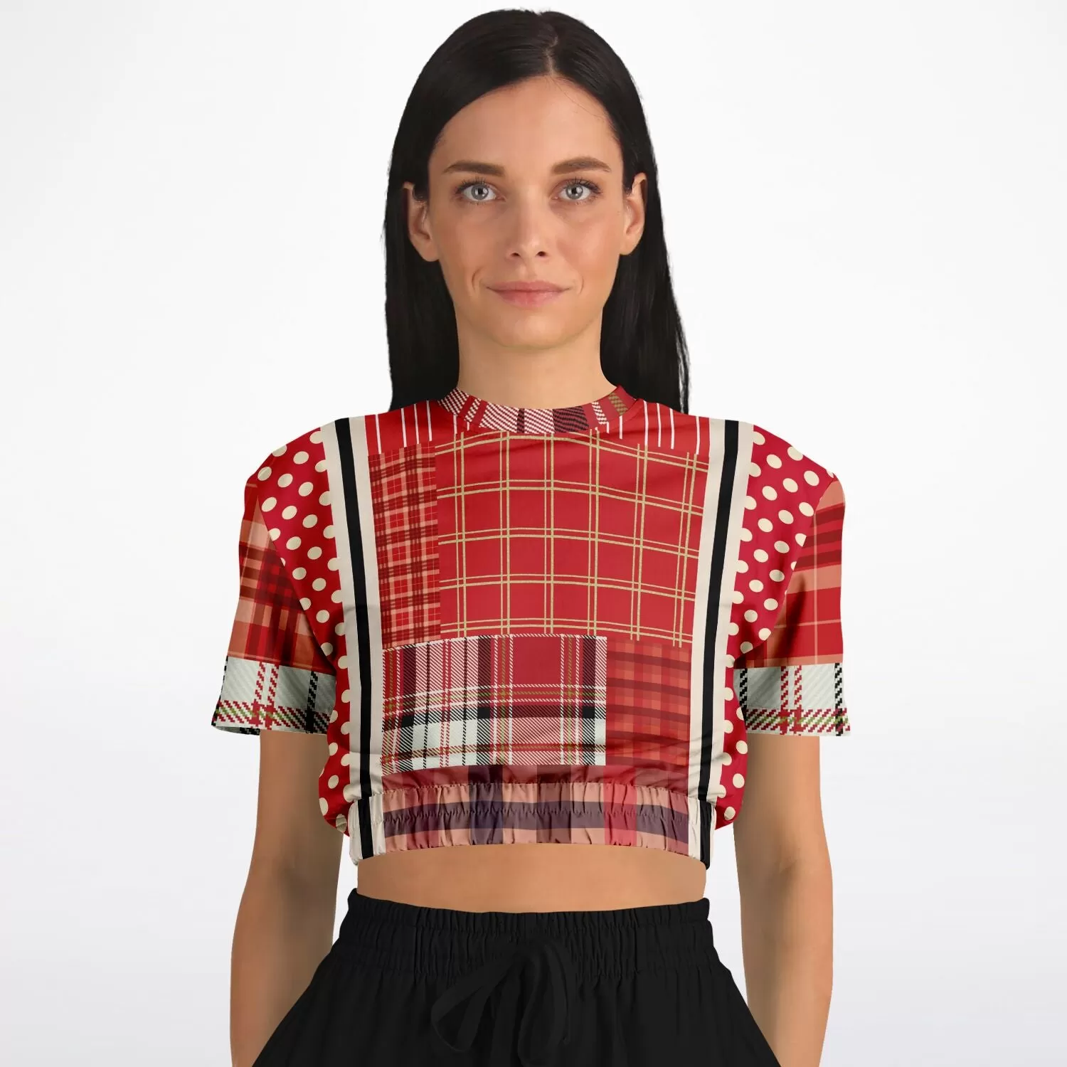 Jersey Salsa Plaid Patchwork Short Sleeve Cropped Eco-Poly Sweater