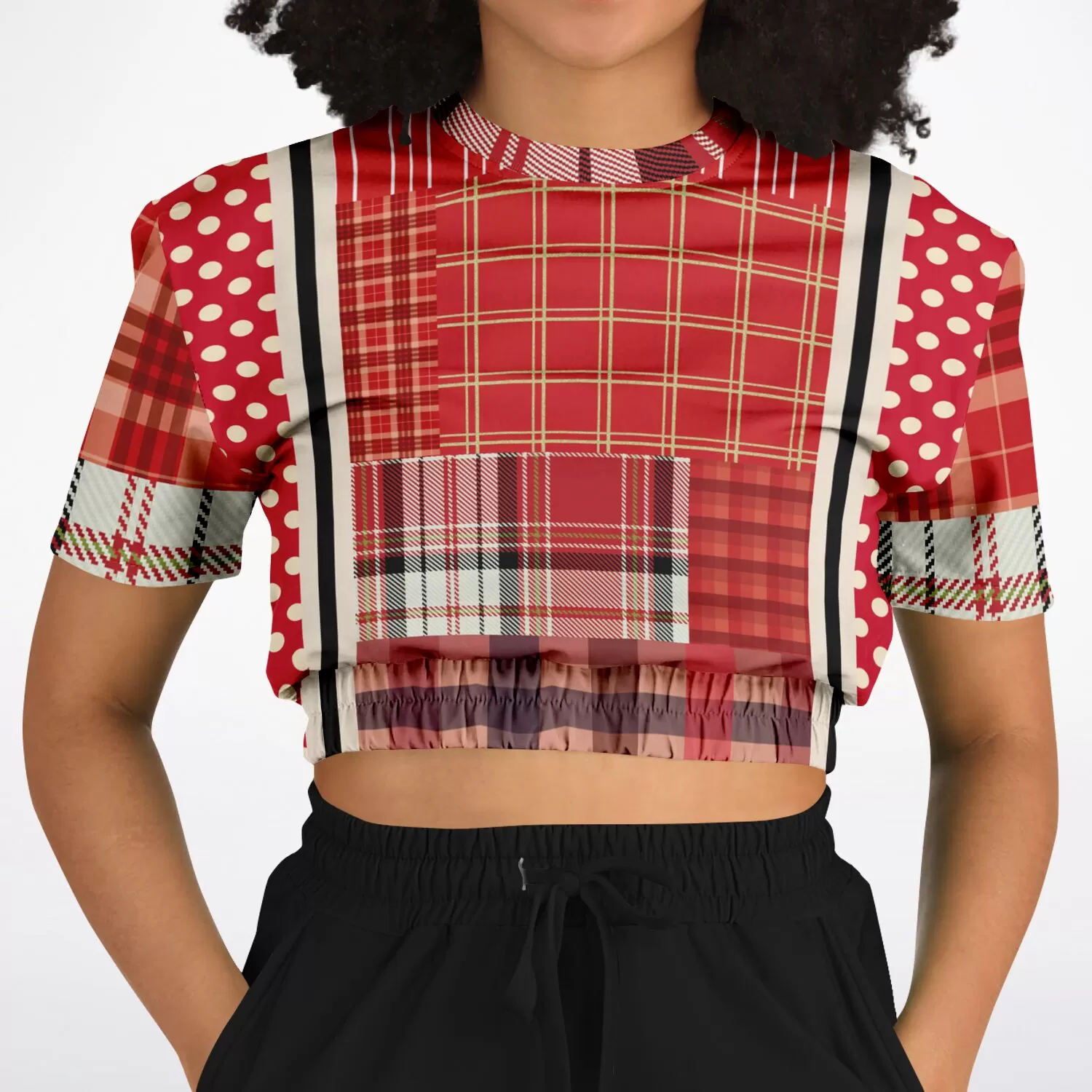 Jersey Salsa Plaid Patchwork Short Sleeve Cropped Eco-Poly Sweater