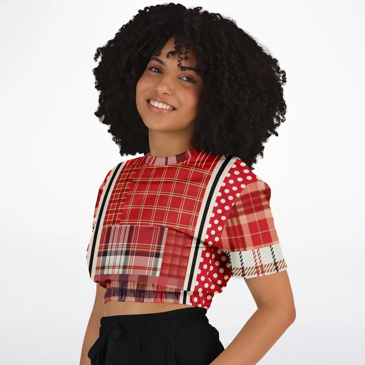 Jersey Salsa Plaid Patchwork Short Sleeve Cropped Eco-Poly Sweater