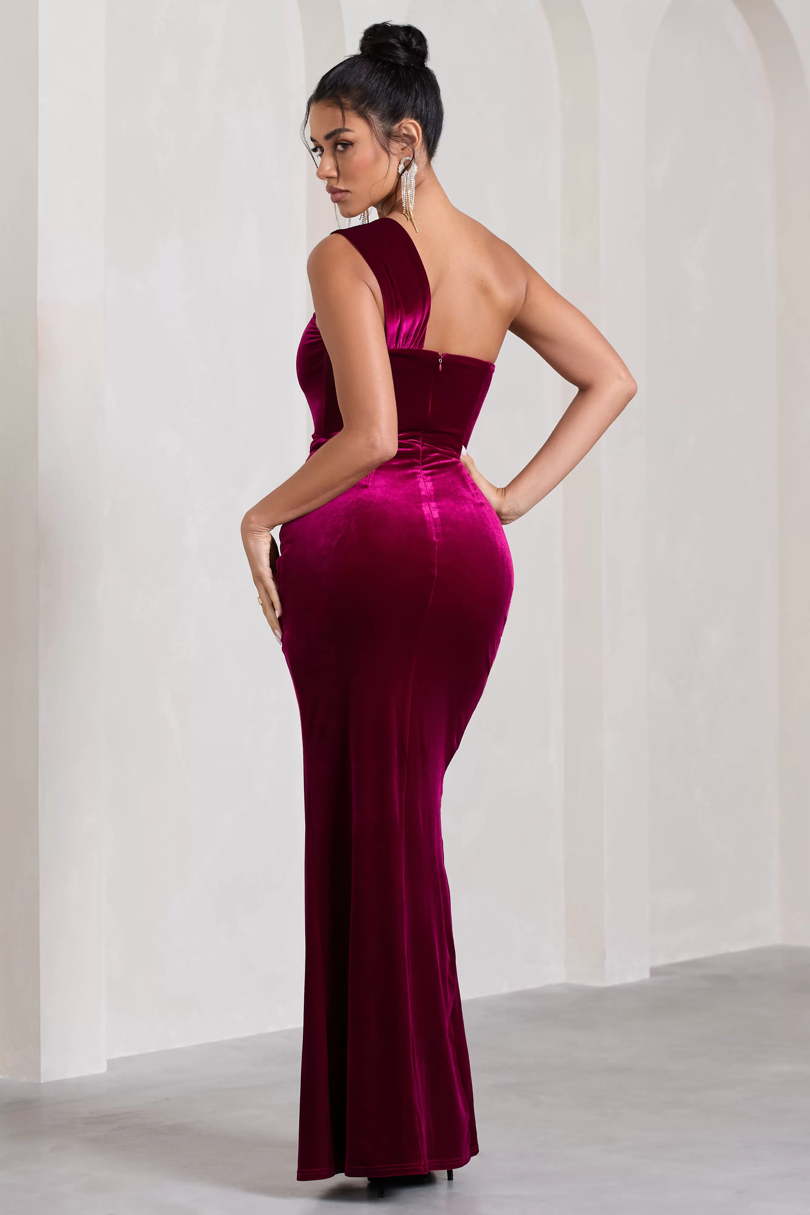 Jessica | Berry Velvet One Shoulder Corset Style Wrap Maxi Dress