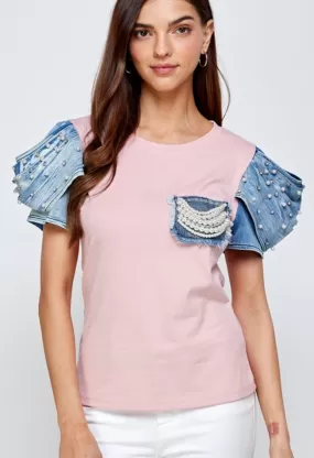 JJ1165 Puff Denim Sleeves Pearl Details top