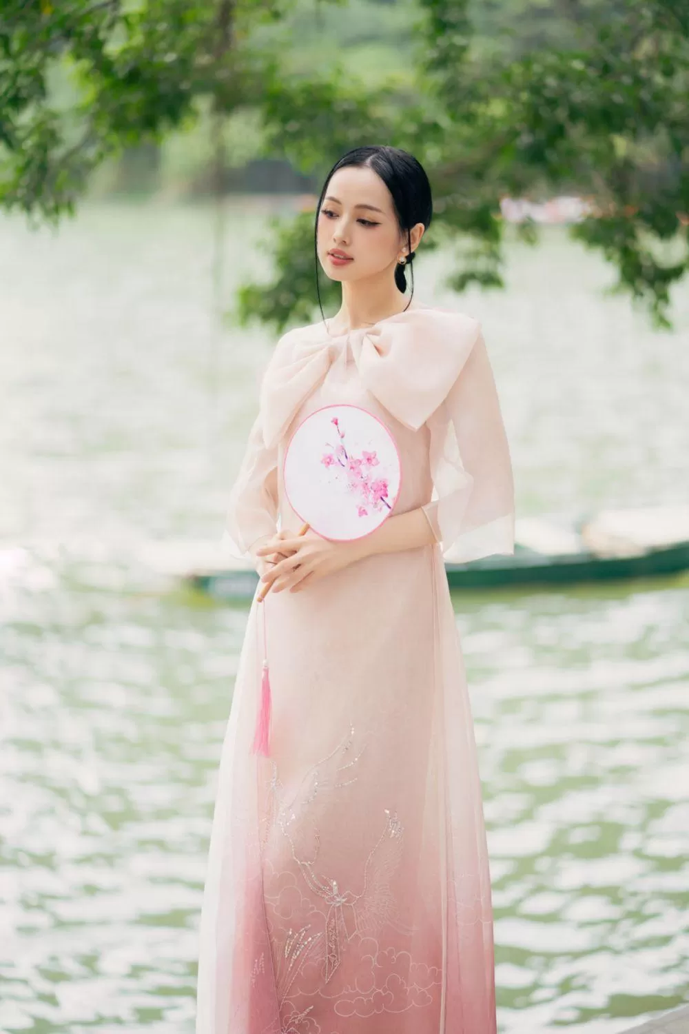 Khanh Yen A-line Bow Tie Organza Floor Length Ao Dai