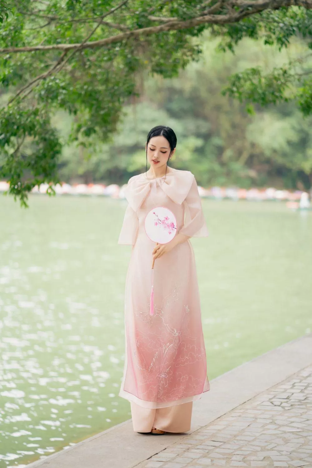 Khanh Yen A-line Bow Tie Organza Floor Length Ao Dai