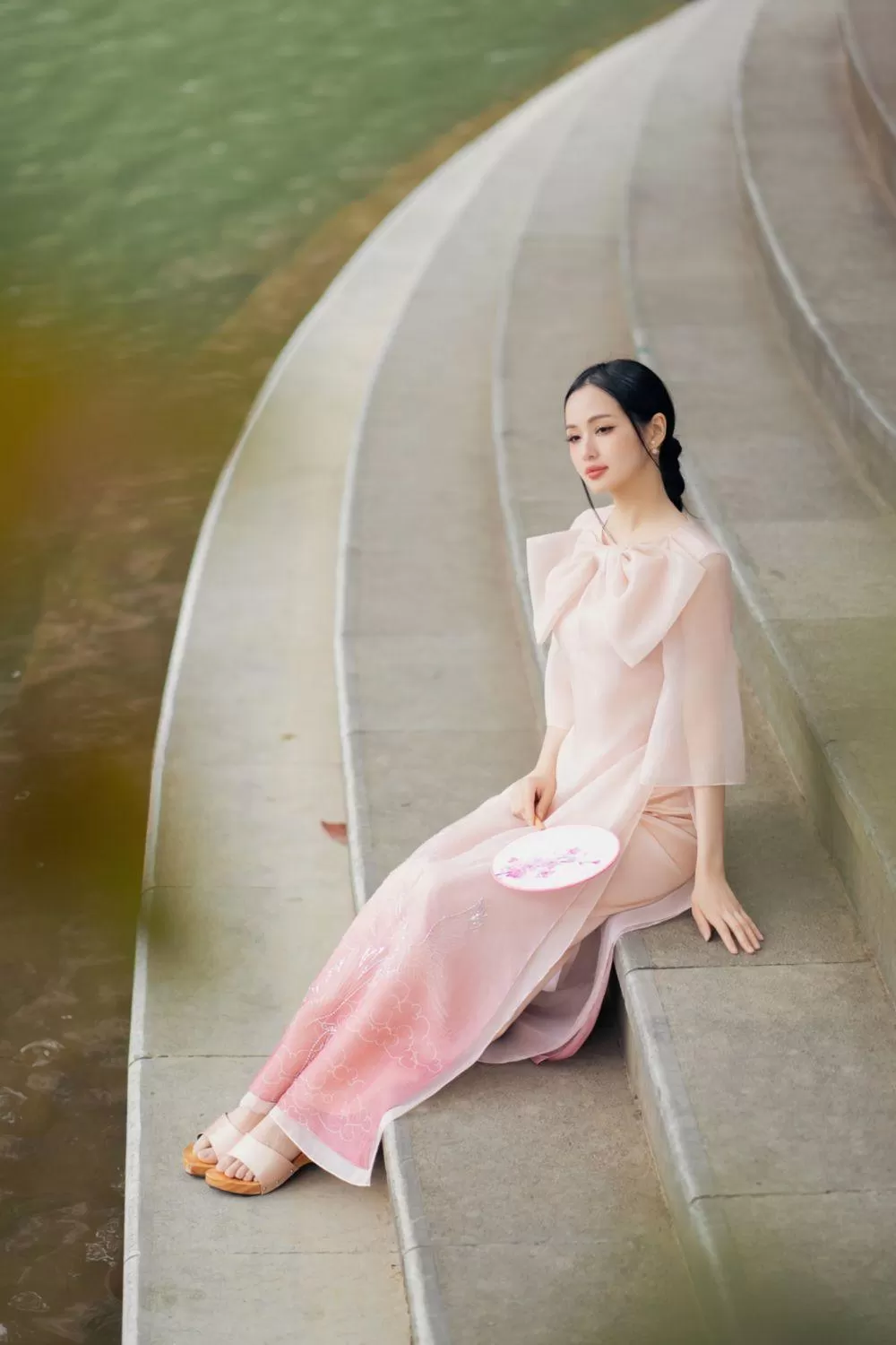 Khanh Yen A-line Bow Tie Organza Floor Length Ao Dai