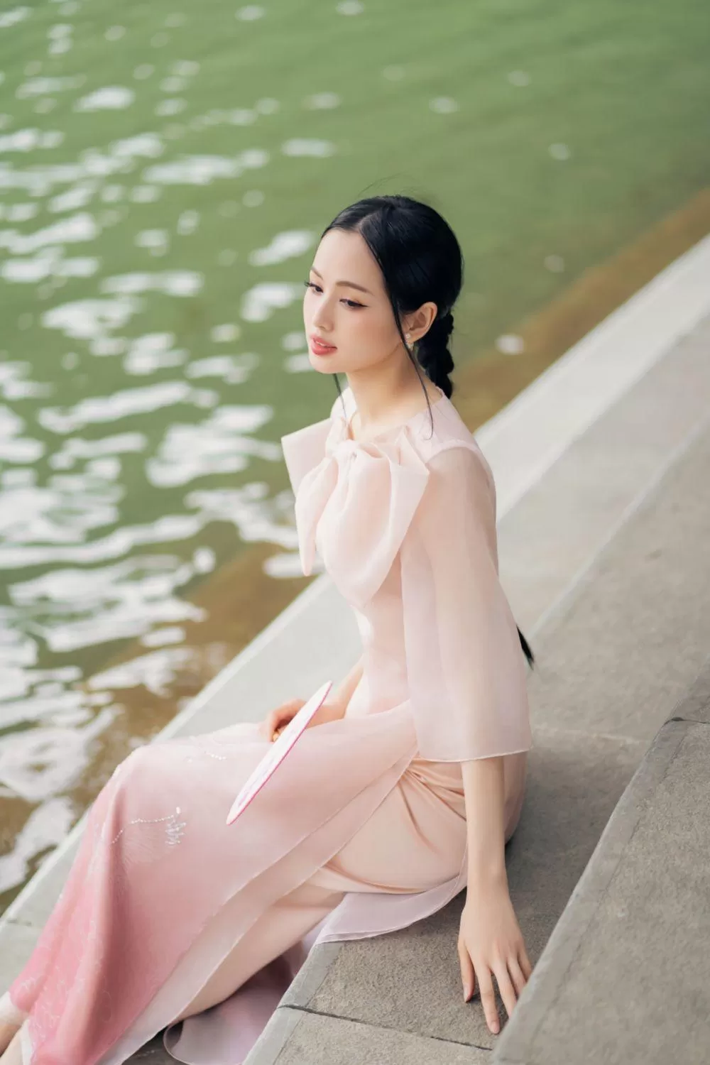 Khanh Yen A-line Bow Tie Organza Floor Length Ao Dai