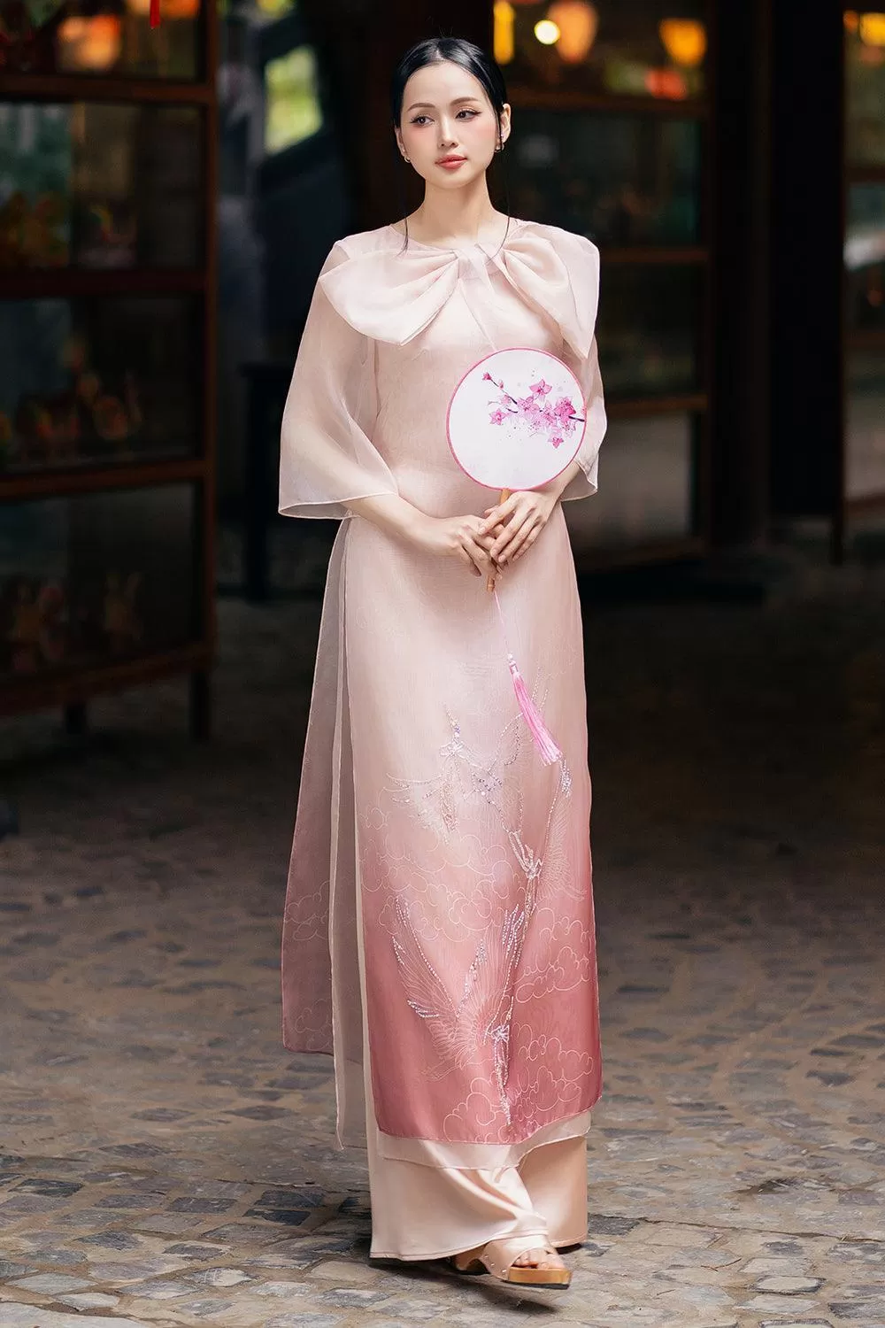 Khanh Yen A-line Bow Tie Organza Floor Length Ao Dai