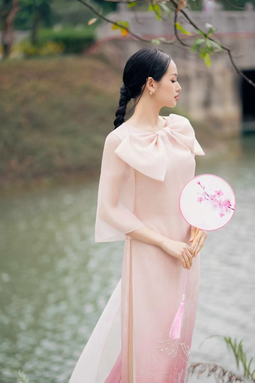 Khanh Yen A-line Bow Tie Organza Floor Length Ao Dai