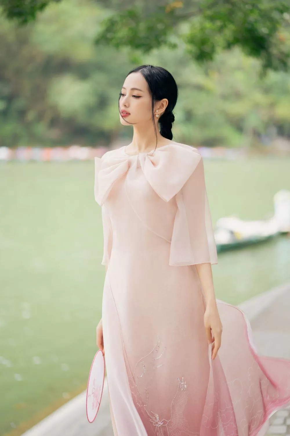 Khanh Yen A-line Bow Tie Organza Floor Length Ao Dai