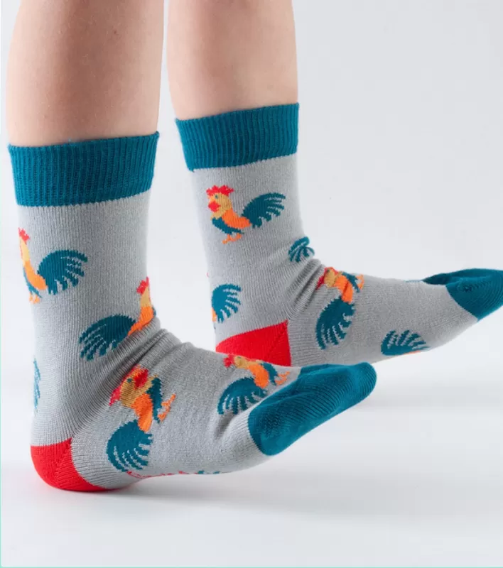 Kids Bambo Socks Doris & Dude Rooster Grey/Red/Blue 9-12