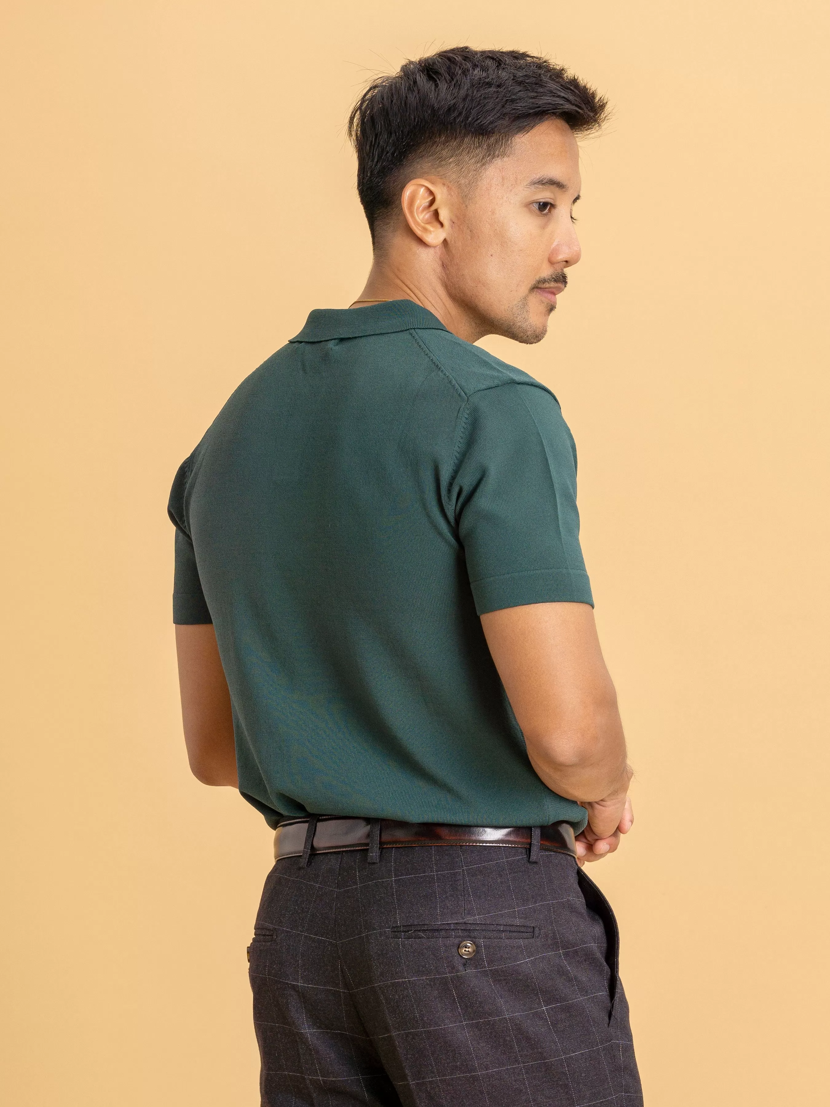 Knit Polo Tee - Emerald Green Open Collar