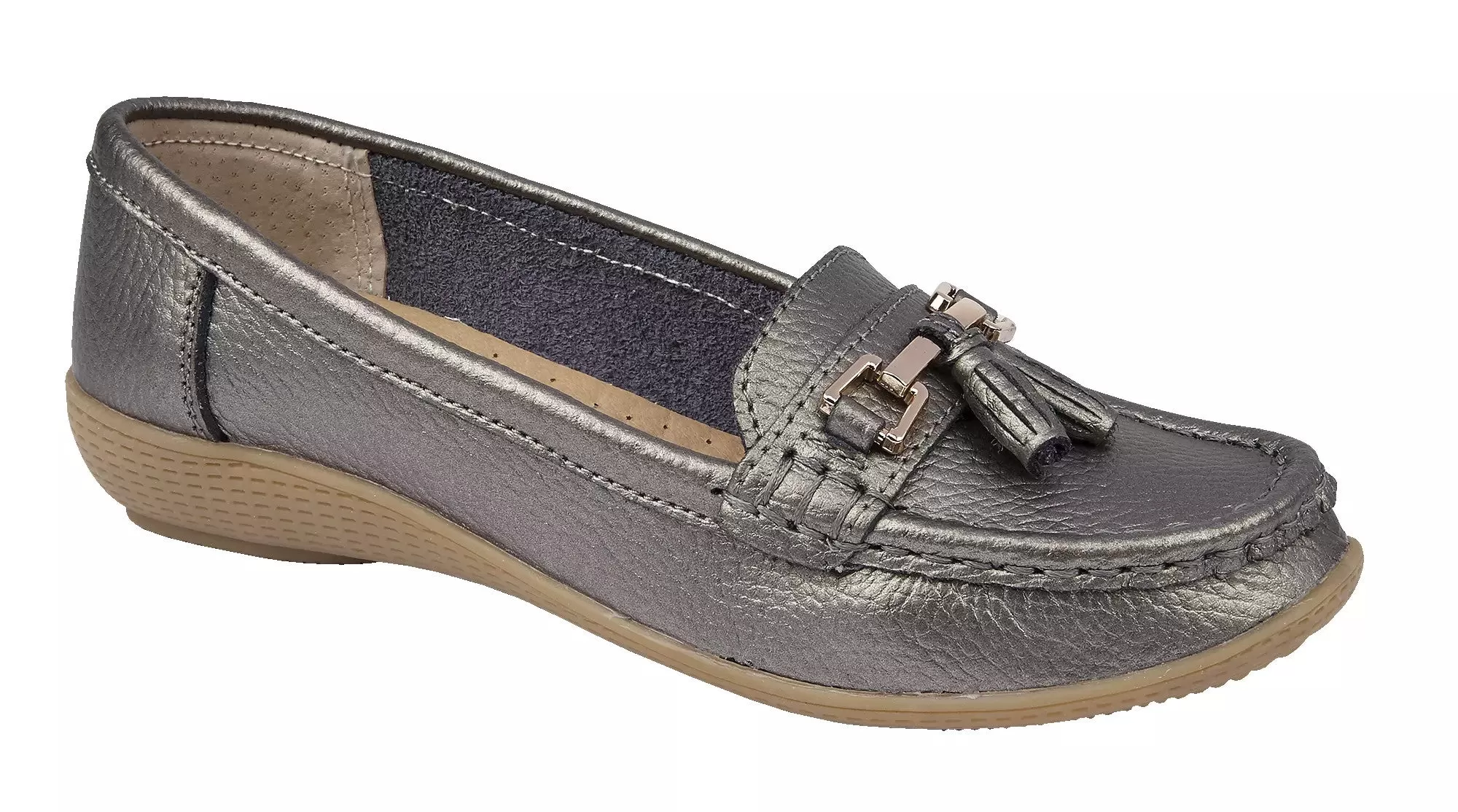 Ladies Leather Slip on Gun Metal Shoes Nautical Flat Jo & Joe