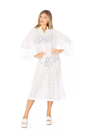 Larroudé X La Vie Style Long Caftan In Light White Laser Cut Daisies