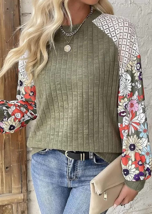 Laurel Green Patchwork Floral Sleeve Top