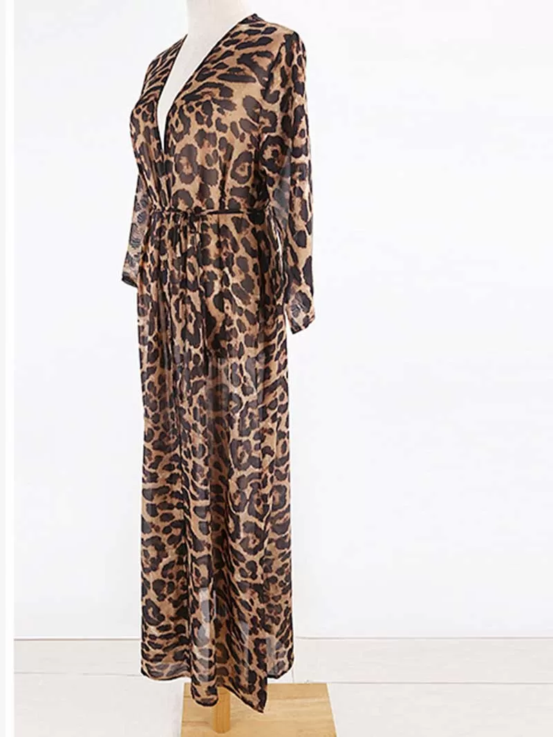 Leopard Print Leopard Color Chiffon Long Length Gown Kimono Duster Robe