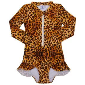 Leopard Print Long Sleeve Girls Zip Swimmers