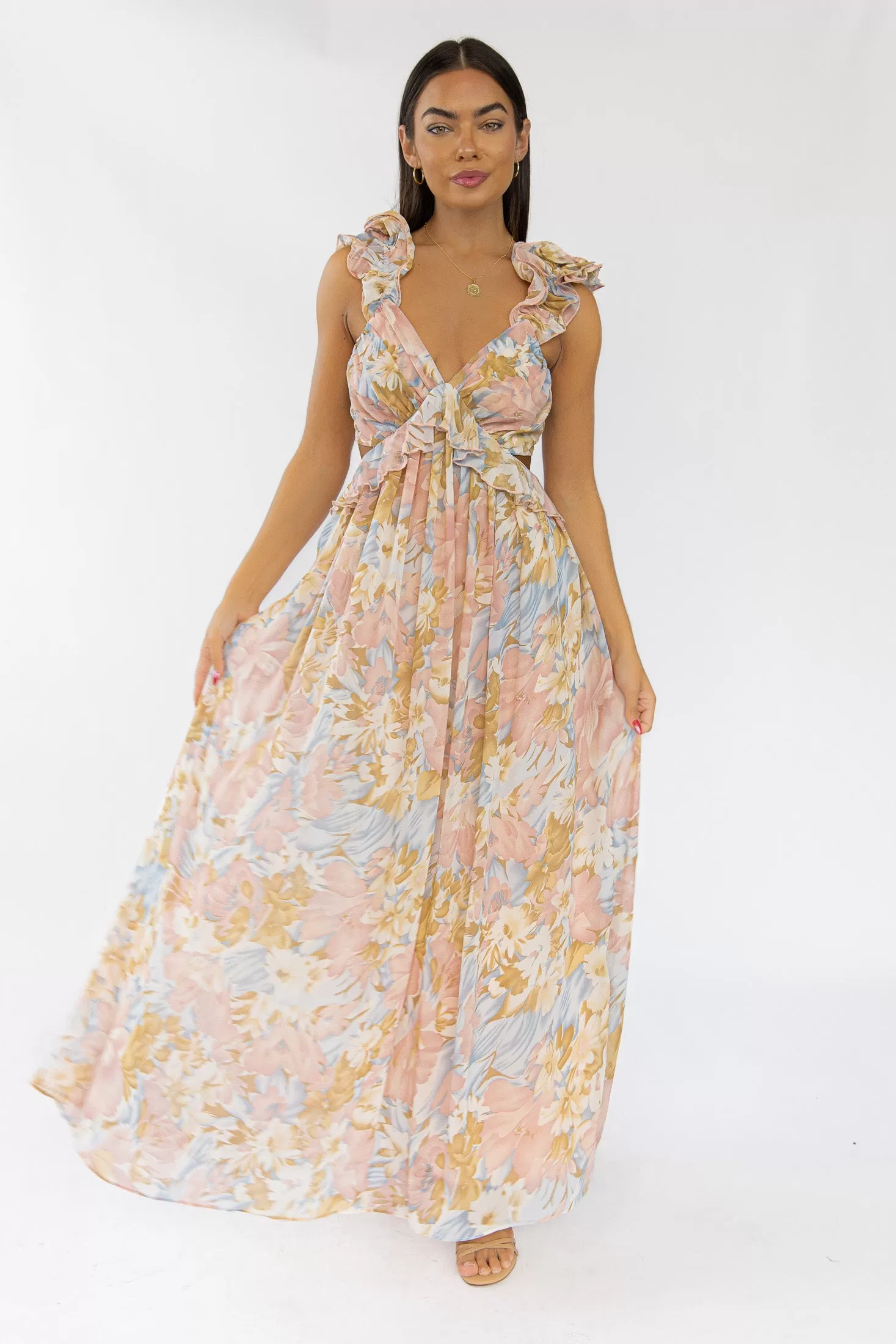 Liana Pink Floral Cutout Maxi Dress