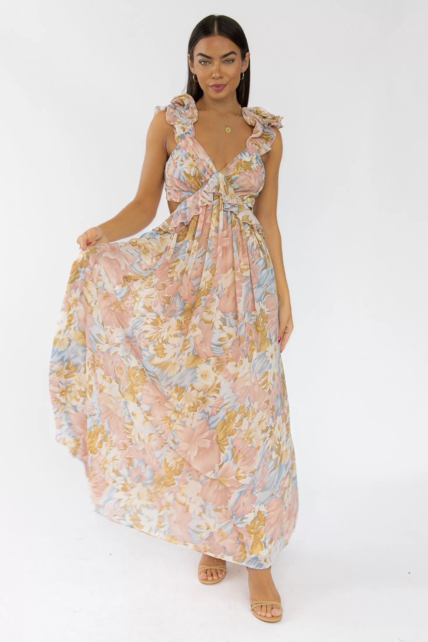 Liana Pink Floral Cutout Maxi Dress