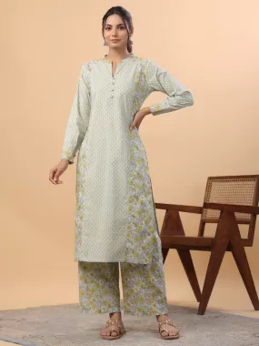 Light Blue Cotton Floral Kurta Pant Set