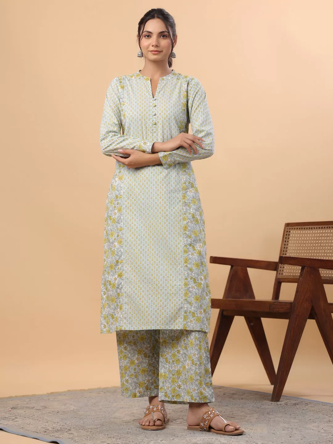 Light Blue Cotton Floral Kurta Pant Set