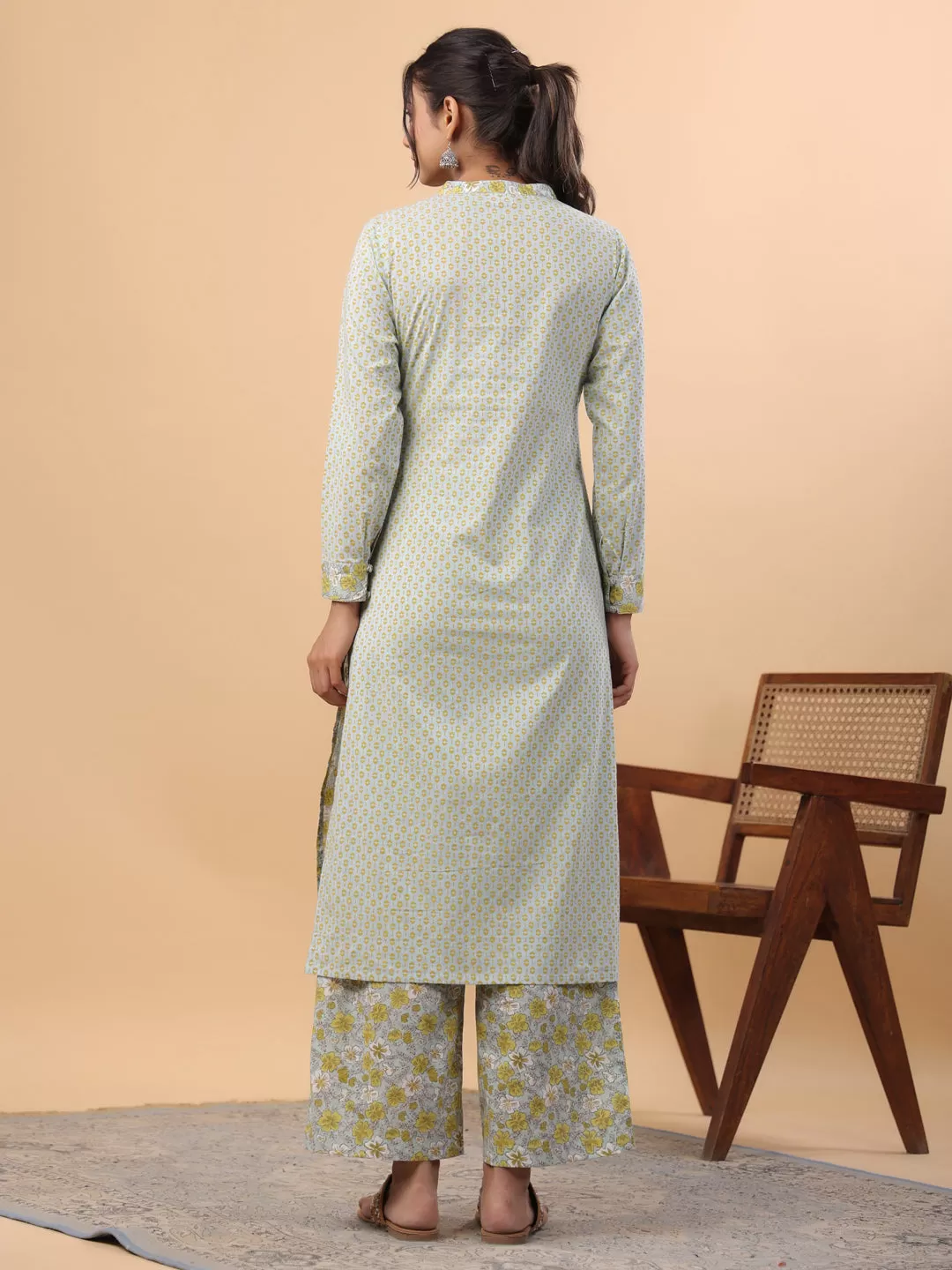 Light Blue Cotton Floral Kurta Pant Set