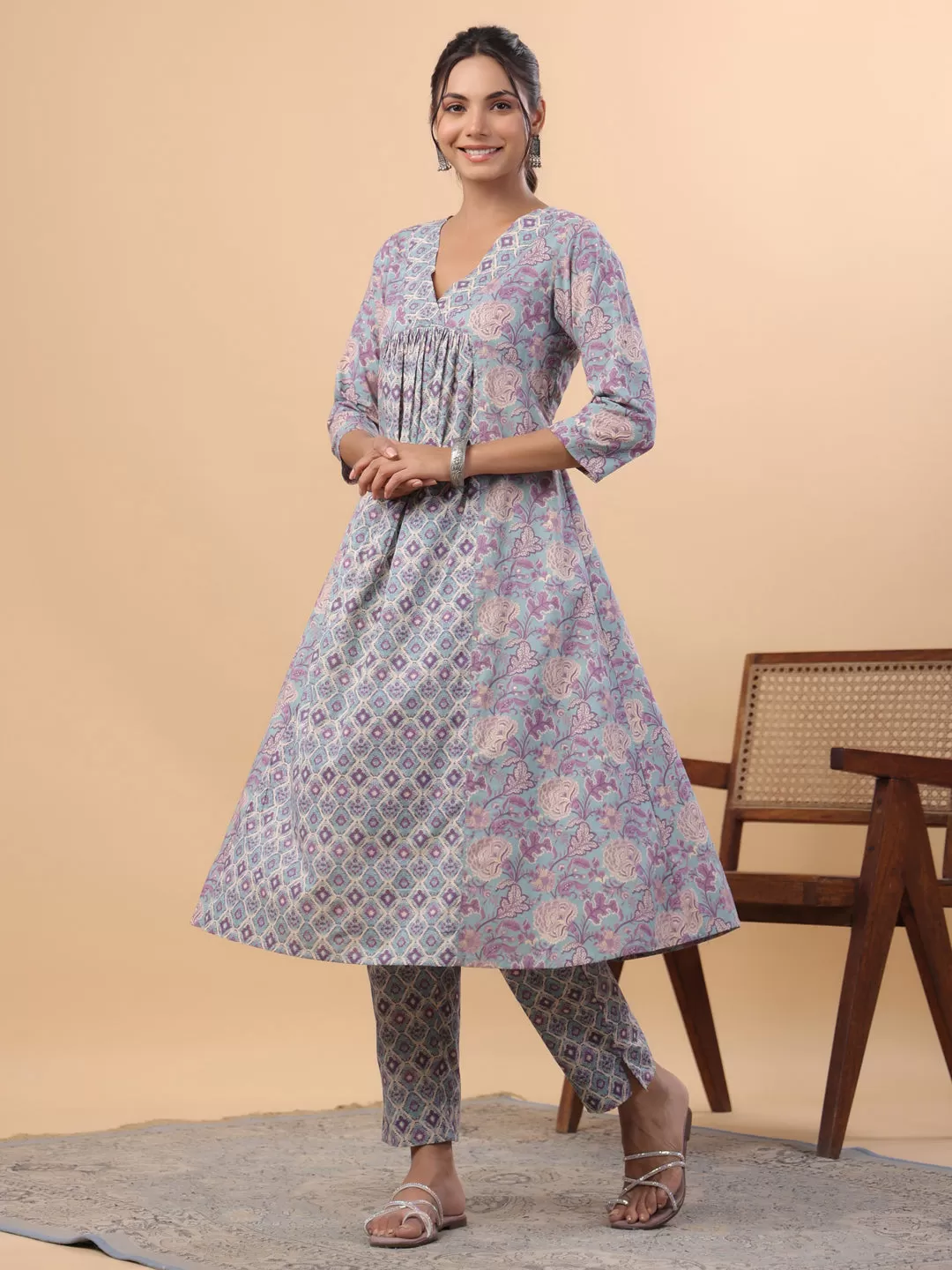 Light Blue Cotton Floral Panelled A-Line Kurta Set