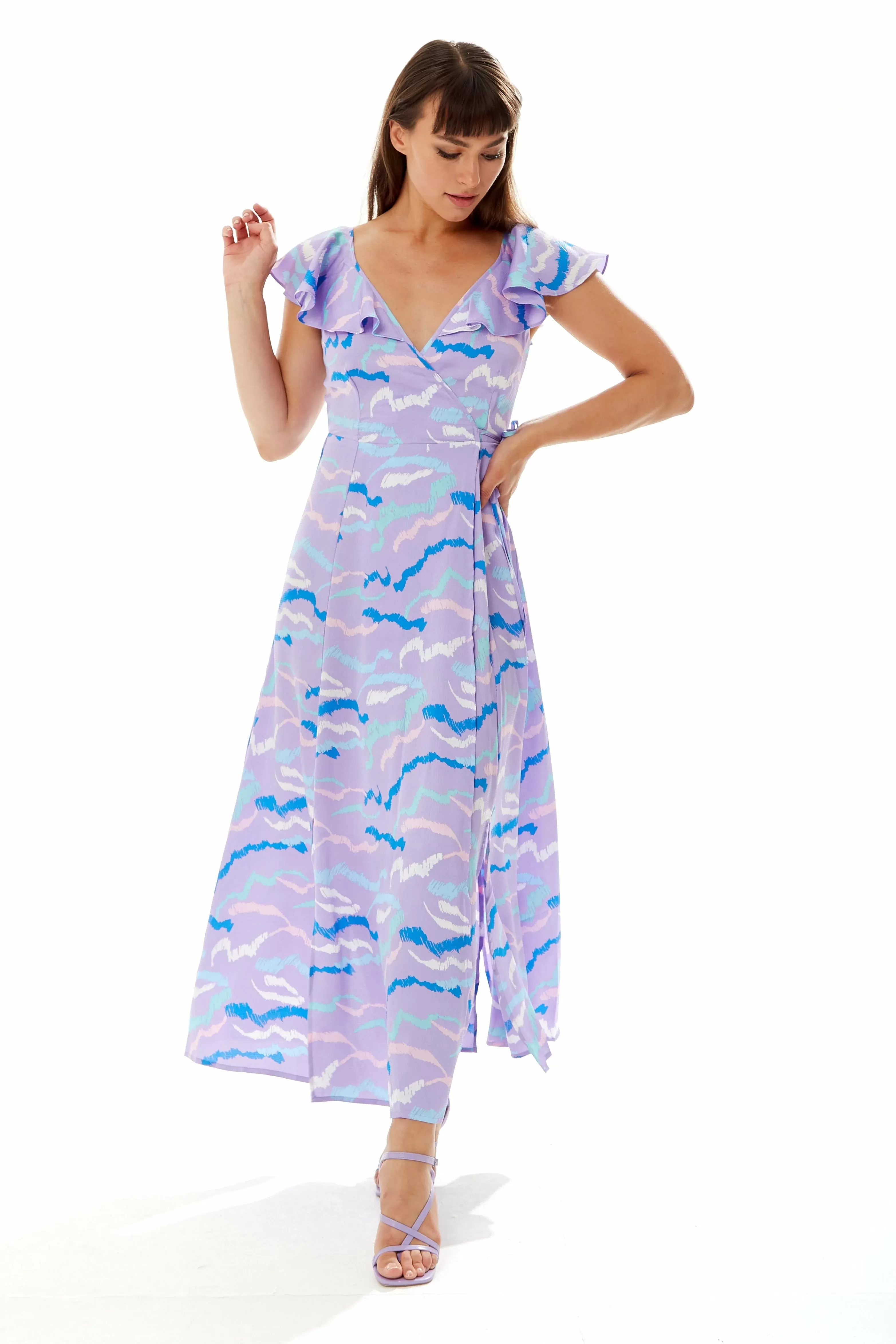 Liquorish Abstract Zebra Print Maxi Wrap Dress In Lilac