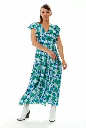 Liquorish Floral Maxi Wrap Dress In Green And Blue