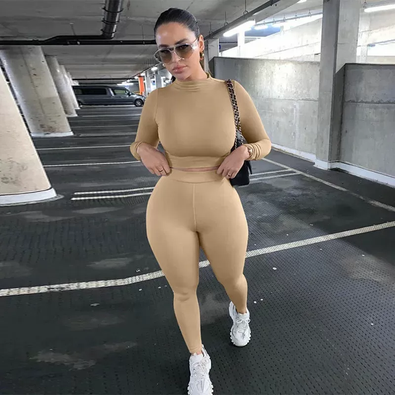 Long Sleeve Crop Top   Leggings Bodycon Tracksuit