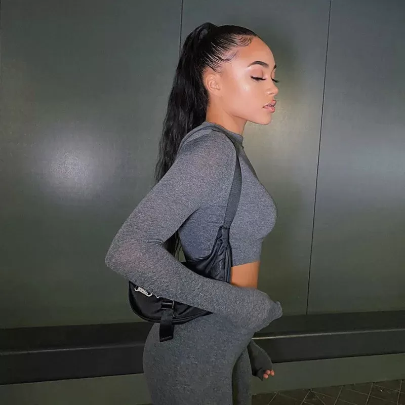 Long Sleeve Crop Top   Leggings Bodycon Tracksuit