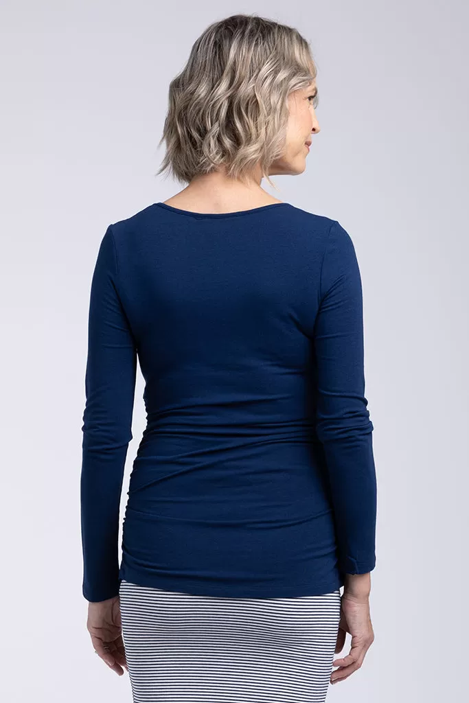 Long Sleeve Ruched Bamboo Tee - Navy