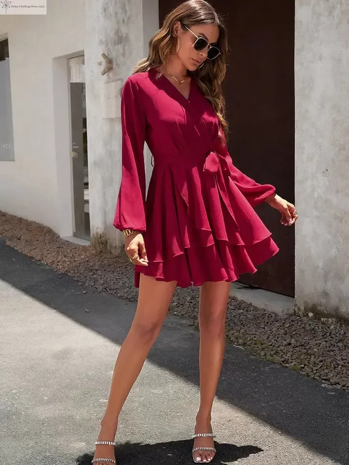 Long sleeve Tie-waist Mini Dress