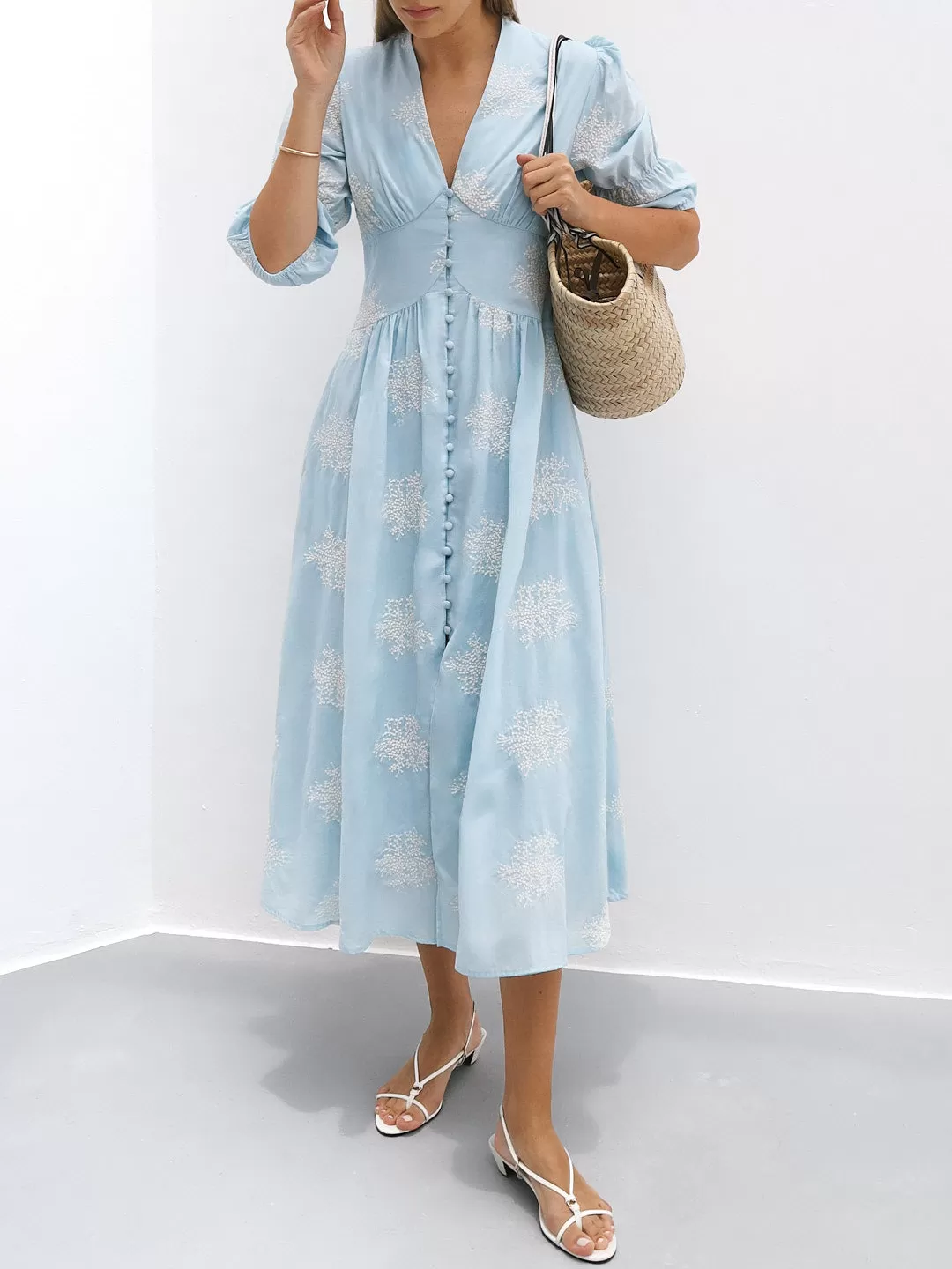 Loren Embroidered Cotton Summer Day Dress | Sky Blue