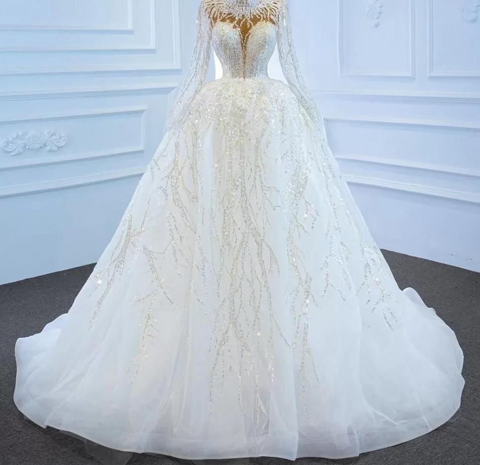 Luxury White Sparkle Beading Lace Up Bridal Dress