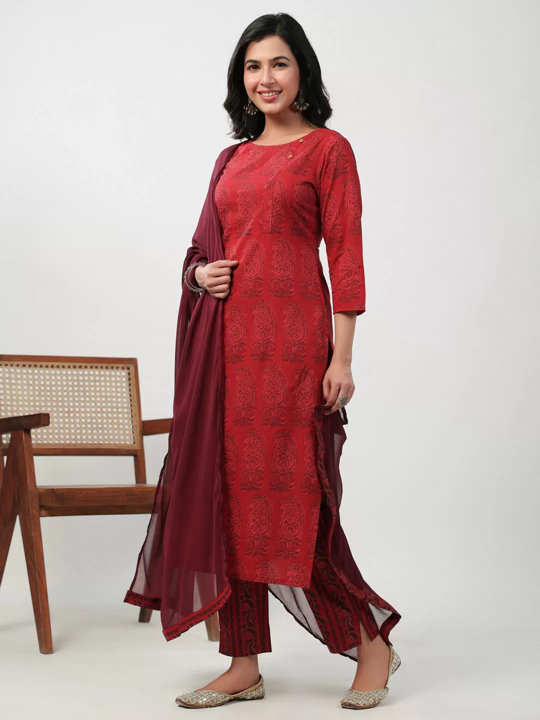 Maroon Cotton Paisley Regular Kurta Pant Set