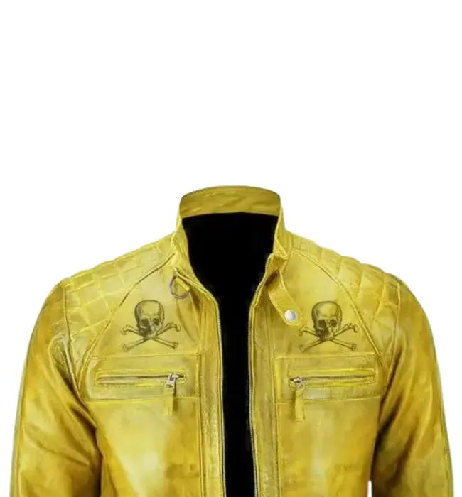 Men Danger Skull Vintage Biker Distressed Leather Jacket