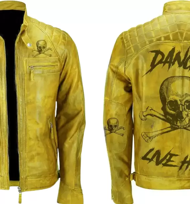 Men Danger Skull Vintage Biker Distressed Leather Jacket